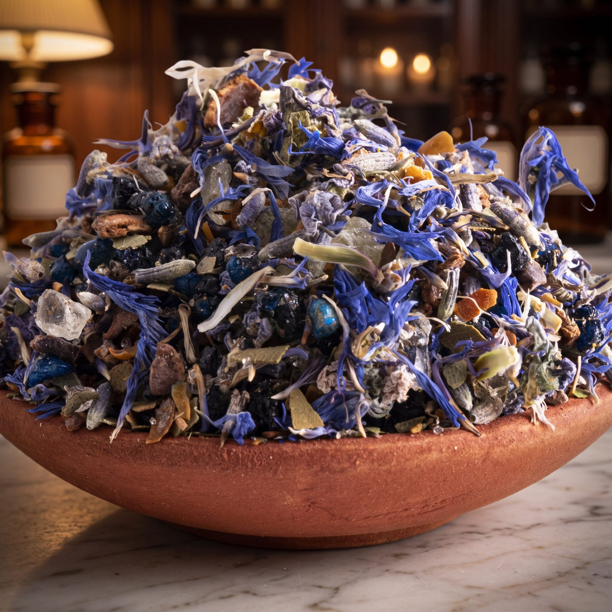 Stirnchakra, Chakra-Räuchermischung von Berk, 50 ml im Korkglas: Nahaufnahme der Terracottaschale mit Kornblumen, Lavendel und hellen Harzkristallen vor der warmen, unscharfen Abendapotheke – Spirit of Gaia