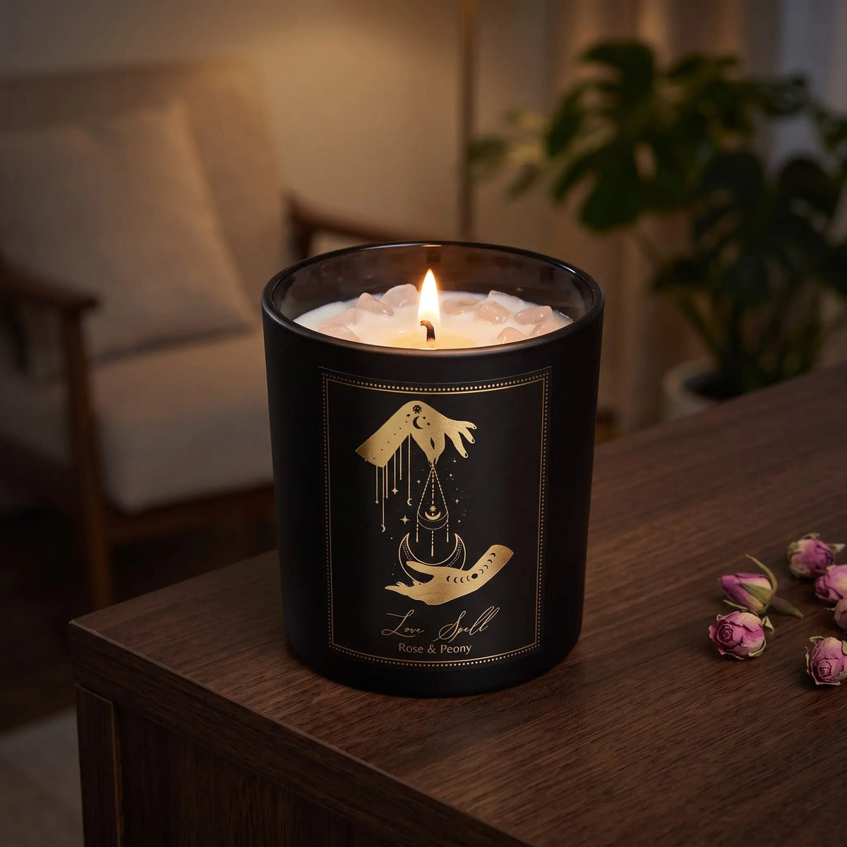 Manifestationskerze Love Spell mit Rosenquarz (Rose & Pfingstrose): brennende Kerze im schwarzen Glas auf einem dunklen Holztisch im Wohnzimmer am Abend, daneben getrocknete Rosenknospen