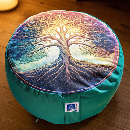 Nahaufnahme der Oberseite des Meditationskissens Baum des Lebens: farbiges Motiv mit goldenem Baum, Wurzelwerk und Tragelasche mit Berk-Balance-Etikett am grünen Baumwollbezug
