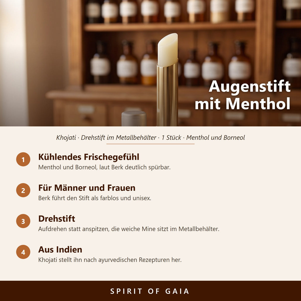 Übersicht zum Augenstift von Khojati: kühlendes Frischegefühl, für Männer und Frauen, Drehstift, aus Indien
