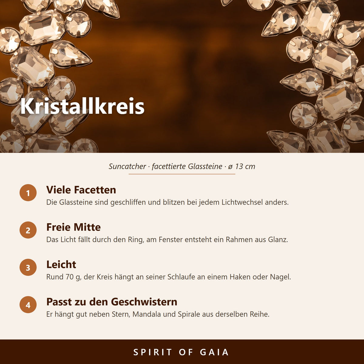 Übersicht zum Kristallkreis: facettierte Glassteine, silberner Stahl, ø 13 cm, mit Schlaufe zum Aufhängen