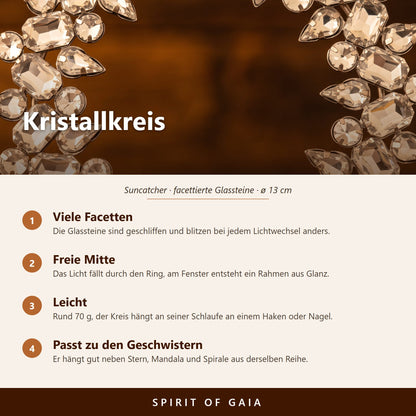 Übersicht zum Kristallkreis: facettierte Glassteine, silberner Stahl, ø 13 cm, mit Schlaufe zum Aufhängen