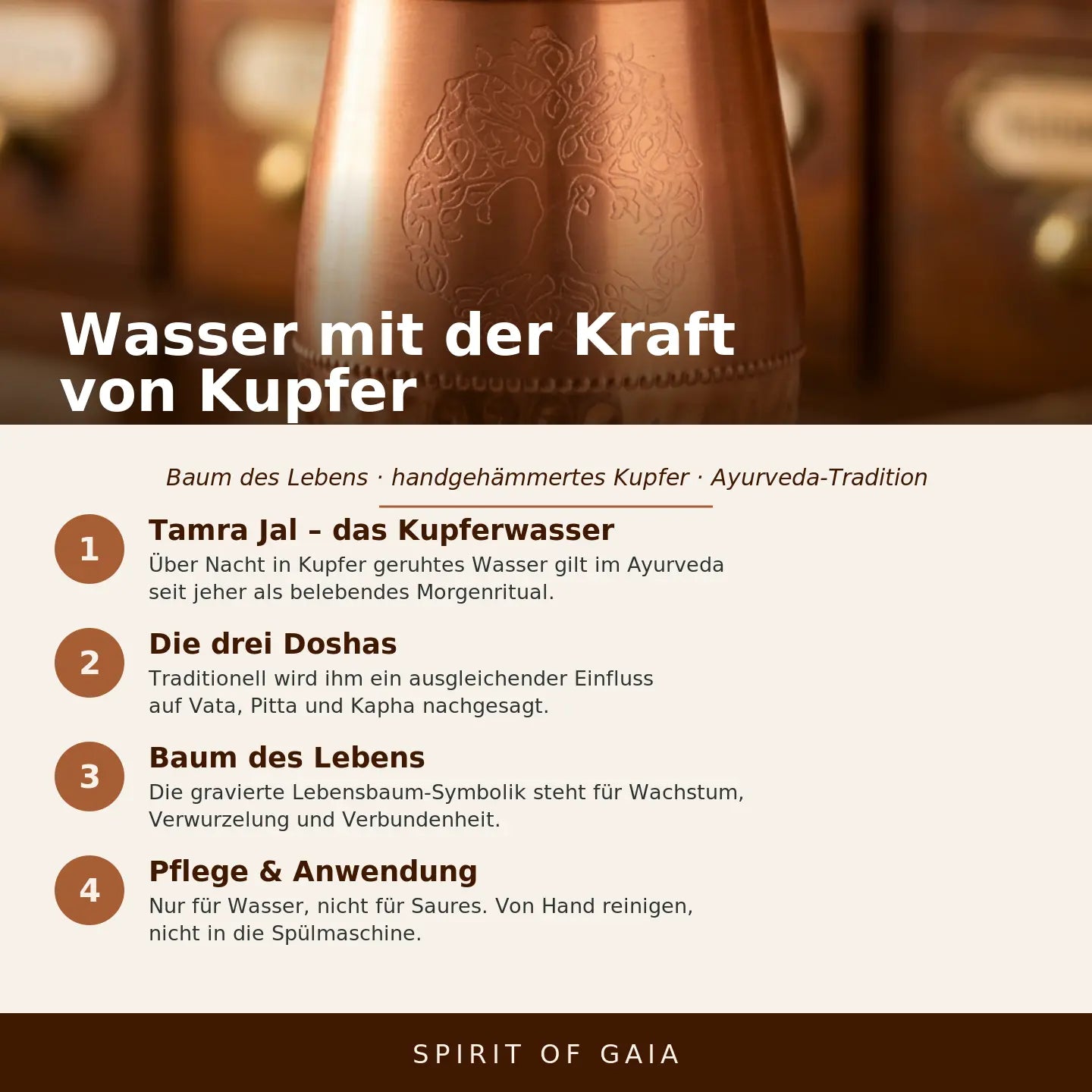 Infografik: Wasser mit der Kraft von Kupfer – Baum des Lebens, Spirit of Gaia