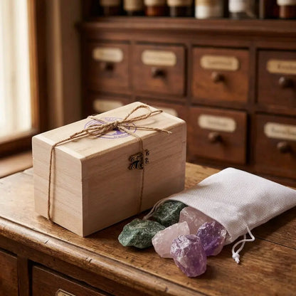Holzkästchen der Wassersteine Entspannung schräg von der Seite mit Amethyst, Rosenquarz und Aventurin – Spirit of Gaia