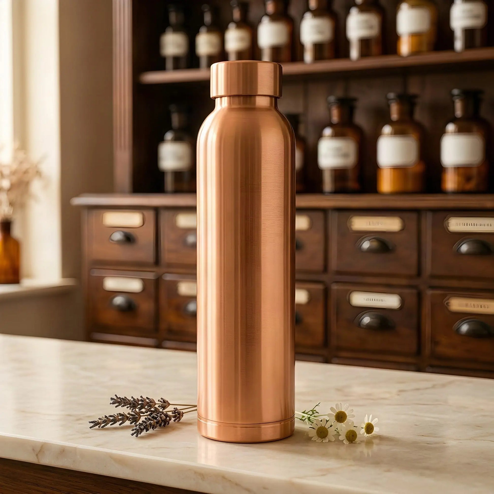 Matt gebürstete Kupfer-Trinkflasche ohne Gravur auf Marmortheke vor Apothekerschrank – Spirit of Gaia