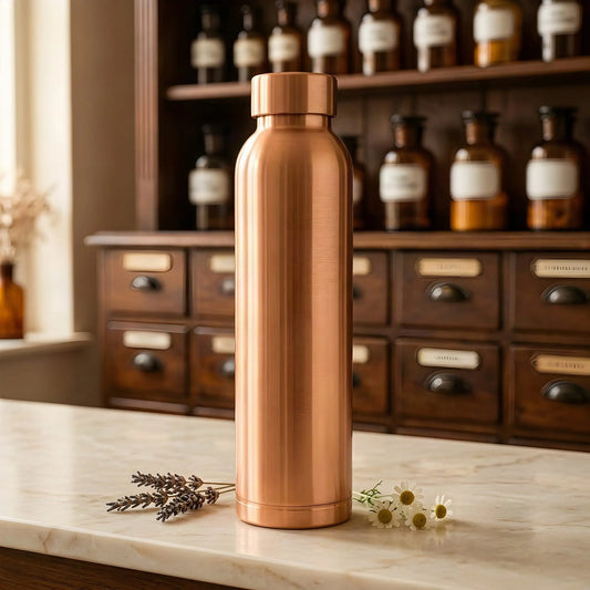 Matt gebürstete Kupfer-Trinkflasche ohne Gravur auf Marmortheke vor Apothekerschrank – Spirit of Gaia