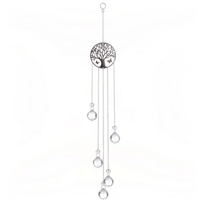 Yggdrasil Suncatcher mit Baumscheibe, fünf Ketten und fünf Glaskugeln, freigestellt auf weißem Grund