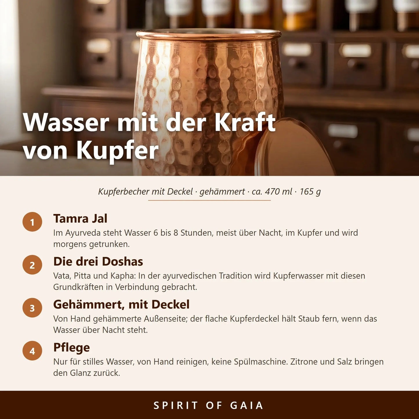 Infografik: Wasser mit der Kraft von Kupfer – Tamra-Jal-Ritual, Doshas und Pflege des gehämmerten Kupferbechers