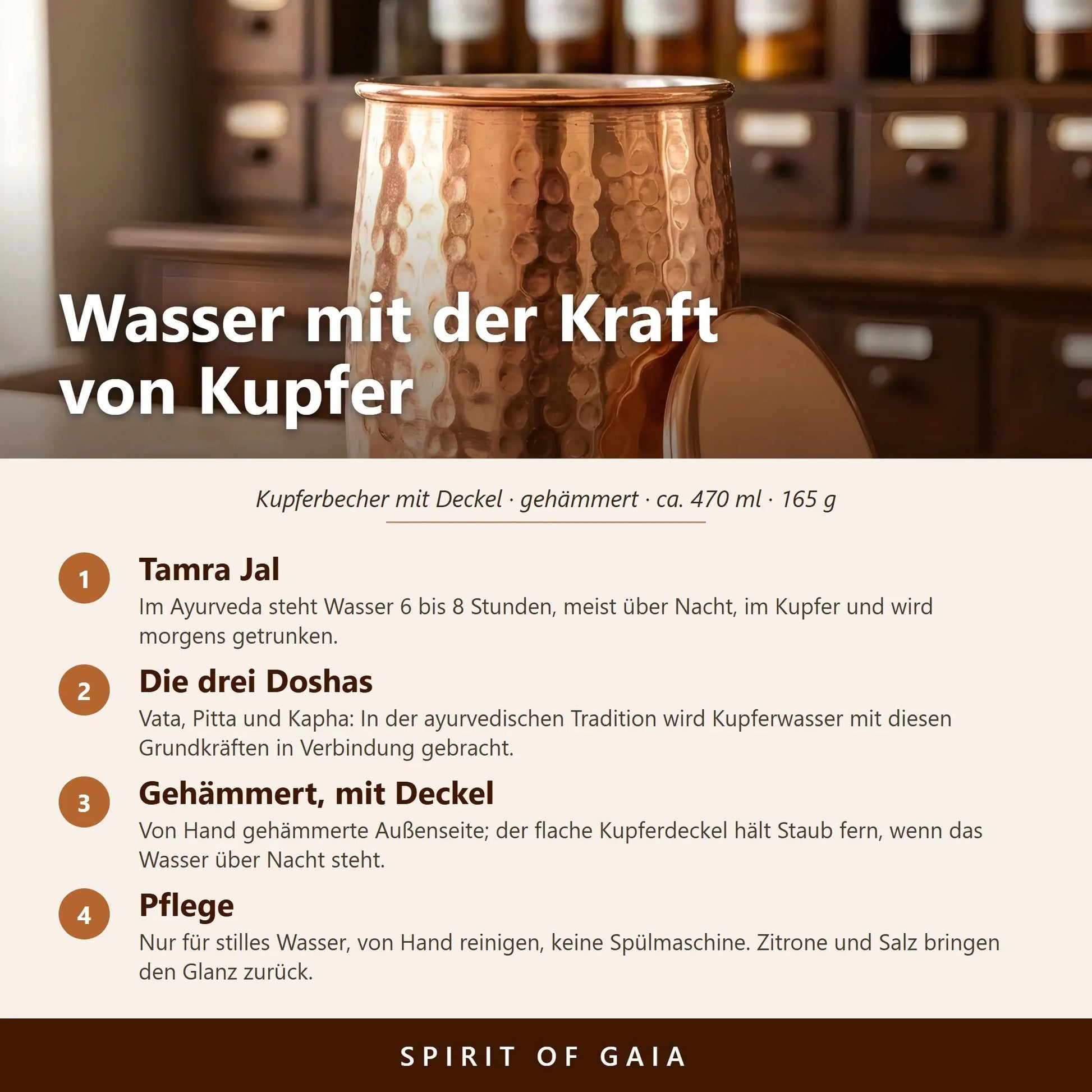 Infografik: Wasser mit der Kraft von Kupfer – Tamra-Jal-Ritual, Doshas und Pflege des gehämmerten Kupferbechers