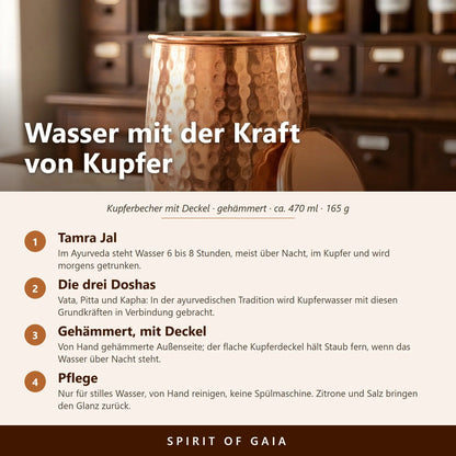 Infografik: Wasser mit der Kraft von Kupfer – Tamra-Jal-Ritual, Doshas und Pflege des gehämmerten Kupferbechers