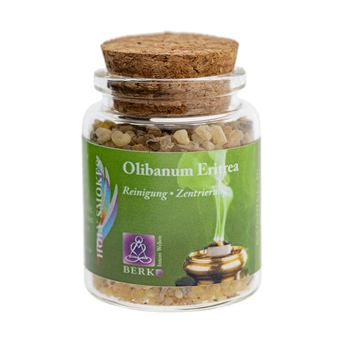Olibanum Eritrea, reiner Weihrauch von Berk, 60 ml im Korkglas: Korkglas mit grünem Etikett, freigestellt auf Weiß