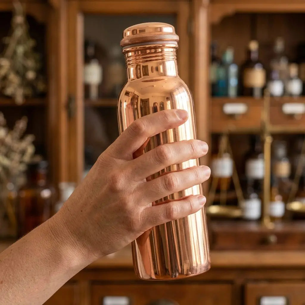Hand hält die kompakte glatt polierte 750-ml-Kupferflasche vor einem Apothekerschrank