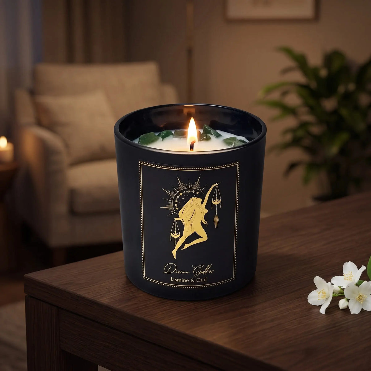 Manifestationskerze Divine Goddess mit Xinji-Jade (Jasmin & Oud): brennende Kerze im schwarzen Glas auf einem dunklen Holztisch im Wohnzimmer am Abend, daneben weiße Jasminblüten