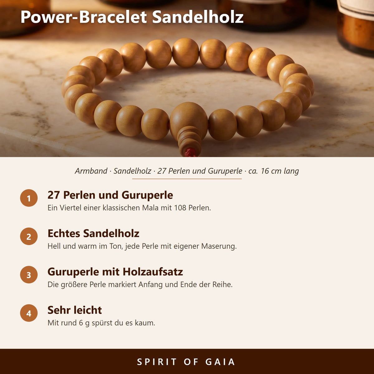 Übersicht zum Power-Bracelet Sandelholz: 27 Perlen und Guruperle, echtes Sandelholz, sehr leicht
