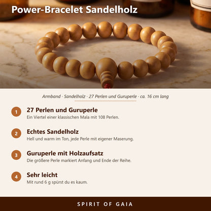 Übersicht zum Power-Bracelet Sandelholz: 27 Perlen und Guruperle, echtes Sandelholz, sehr leicht