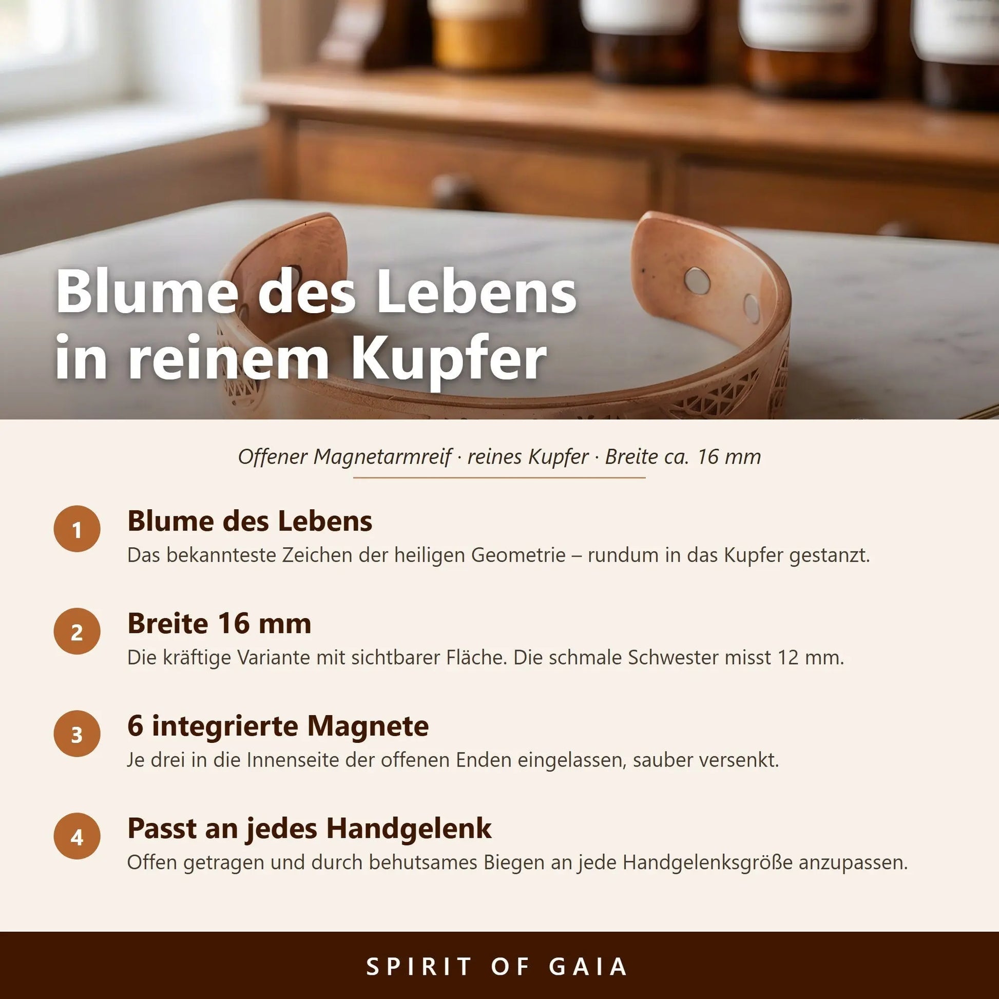 Infografik: Blume des Lebens in reinem Kupfer – Motiv, Breite 16 mm, sechs integrierte Magnete, an jede Handgelenksgröße anpassbar