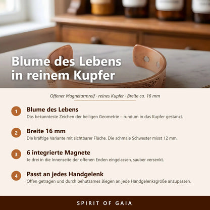 Infografik: Blume des Lebens in reinem Kupfer – Motiv, Breite 16 mm, sechs integrierte Magnete, an jede Handgelenksgröße anpassbar