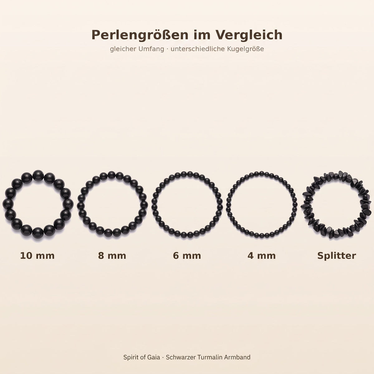 Größenvergleich der Perlen 10, 8, 6, 4 mm und Splitter beim Schwarzer Turmalin Armband