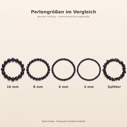 Größenvergleich der Perlen 10, 8, 6, 4 mm und Splitter beim Schwarzer Turmalin Armband