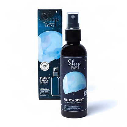 Kissenspray Sleep Pillow Spray, 100-ml-Flasche mit Sprühkopf und Schachtel, freigestellt auf Weiß