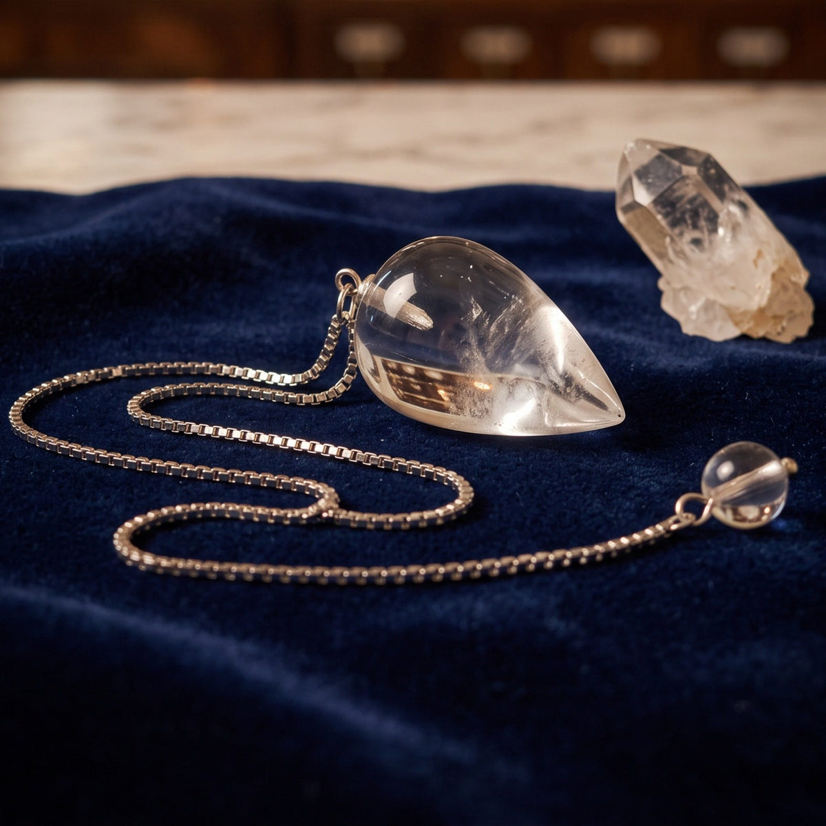 Bergkristall-Pendel mit Edelstahl-Panzerkette, Tropfen ca. 2,5 cm: liegt mit locker gelegter Kette auf dunkelblauem Samt, daneben eine kleine Bergkristallspitze, abends auf der Theke einer alten Apotheke – Spirit of Gaia