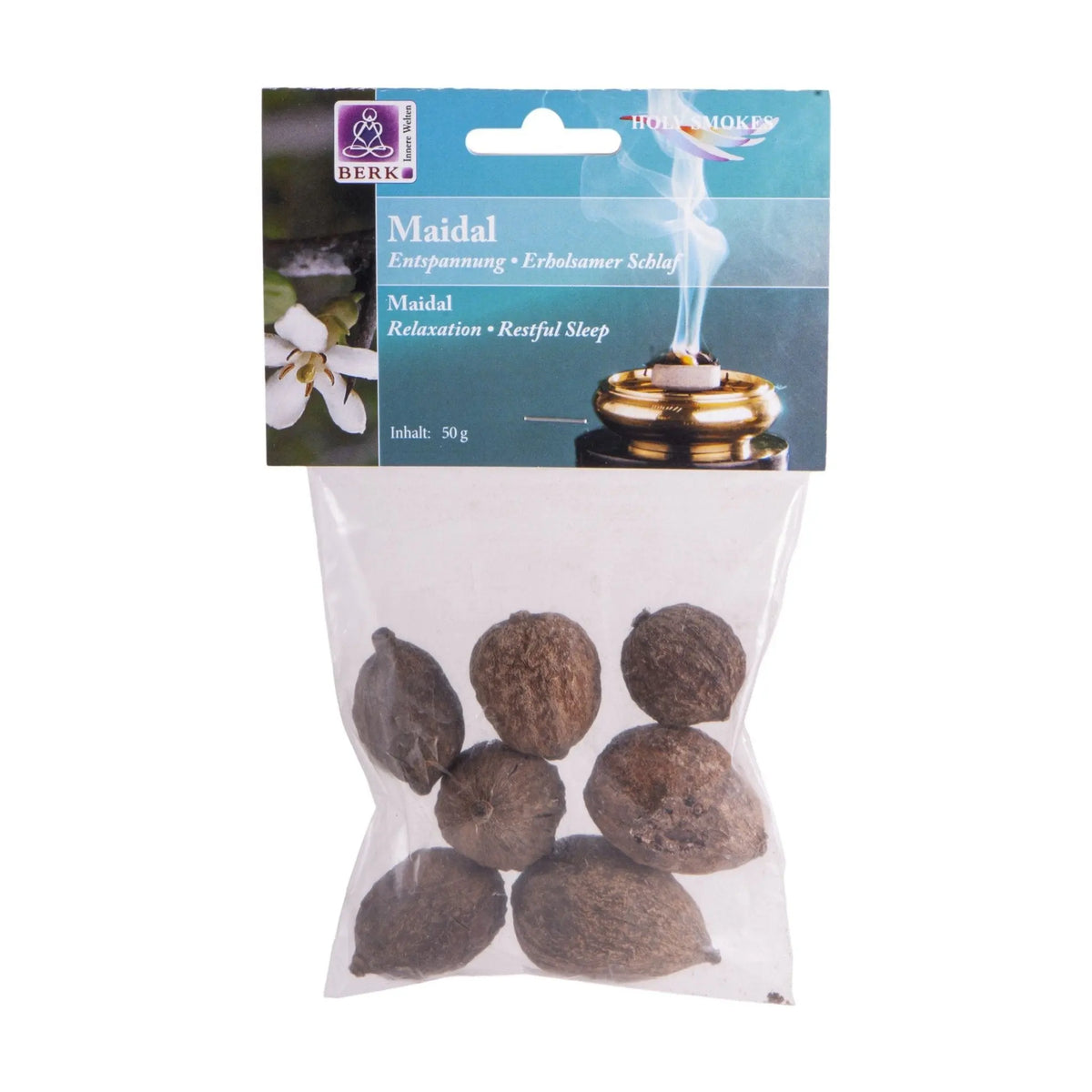 Maidal-Nüsse (Traumnüsse), sortenreines Räucherwerk von Berk, 50 g: Tüte mit türkisfarbenem Kartonkopf, freigestellt auf Weiß