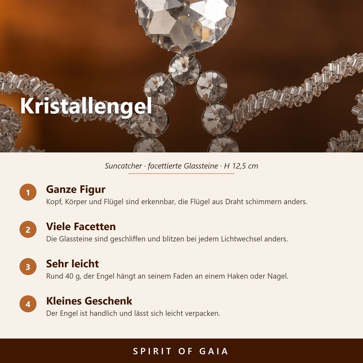 Übersicht zum Kristallengel: facettierte Glassteine, silberner Stahl, 12,5 cm hoch, mit Faden zum Aufhängen