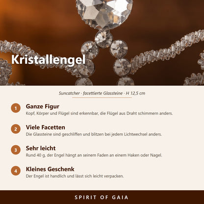 Übersicht zum Kristallengel: facettierte Glassteine, silberner Stahl, 12,5 cm hoch, mit Faden zum Aufhängen