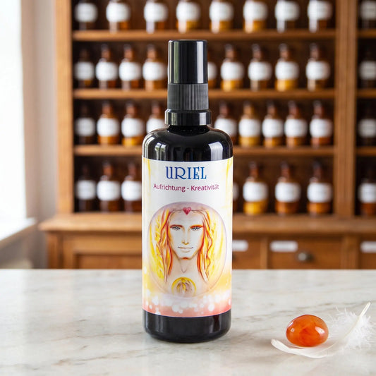 Seraphim Engel-Essenz Uriel: Aura-Spray in dunkler Violettglasflasche auf Marmortheke vor Apothekerschrank, daneben ein Karneol und eine weiße Feder – Spirit of Gaia