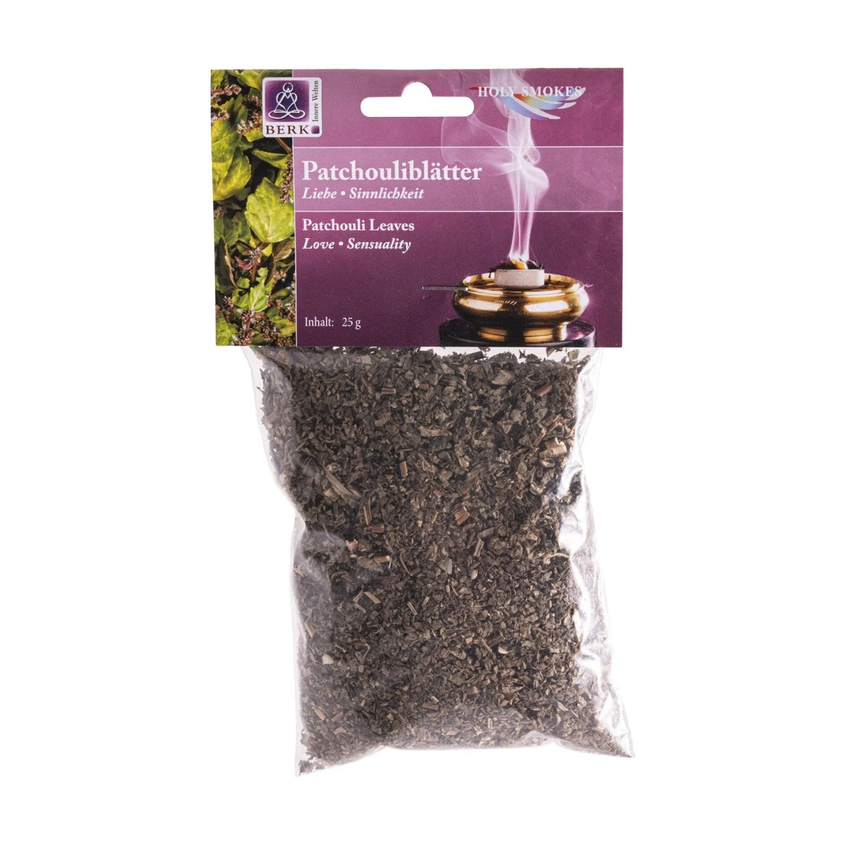 Patchouliblätter, sortenreines Räucherwerk von Berk, 25 g: Tüte mit beerenfarbenem Kartonkopf, freigestellt auf Weiß