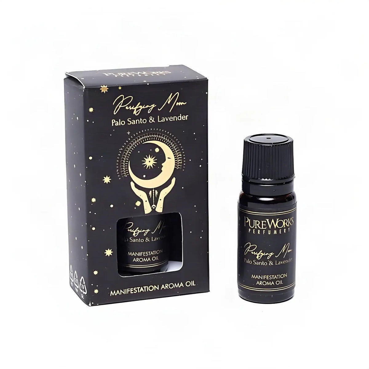 Aromaöl Purifying Moon (Palo Santo & Lavendel), Fläschchen und Schachtel, freigestellt auf Weiß