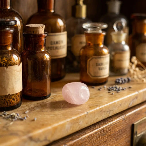 Rosenquarz Trommelstein – rosa Heilstein im Apothekerschrank mit Apothekergläsern