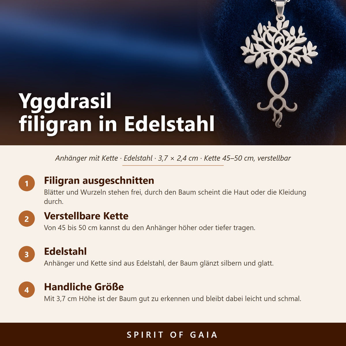 Übersicht zum filigranen Yggdrasil Anhänger: Edelstahl, 3,7 x 2,4 cm, verstellbare Kette 45 bis 50 cm