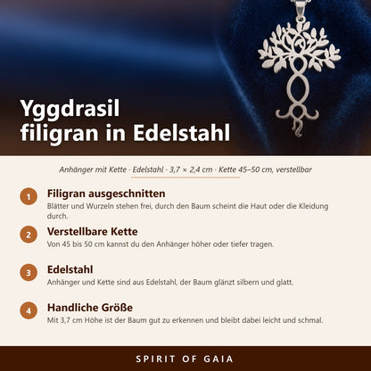 Übersicht zum filigranen Yggdrasil Anhänger: Edelstahl, 3,7 x 2,4 cm, verstellbare Kette 45 bis 50 cm