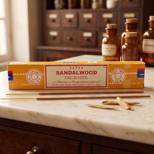 Satya Sandalwood Räucherstäbchen: 15-g-Packung auf einer Marmortheke vor einem Apothekerschrank, daneben zwei lose Räucherstäbchen – Spirit of Gaia