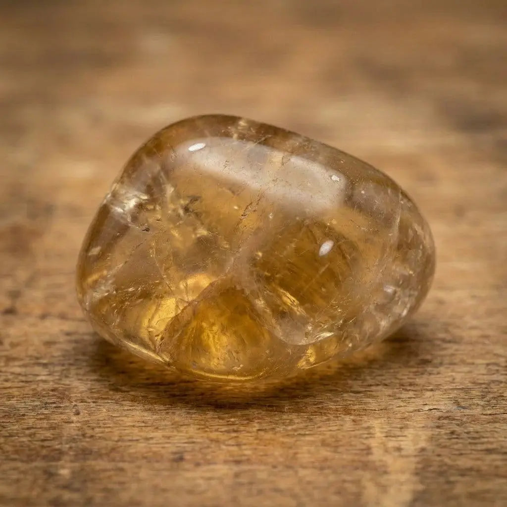 Citrin Trommelstein – Detail-Makro der goldgelben, translucenten Oberfläche