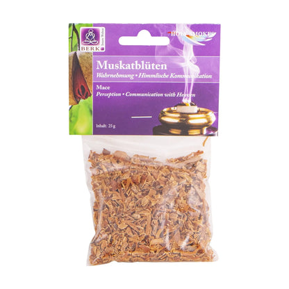 Muskatblüten (Macis), sortenreines Räucherwerk von Berk, 25 g: Tüte mit hellviolettem Kartonkopf, freigestellt auf Weiß