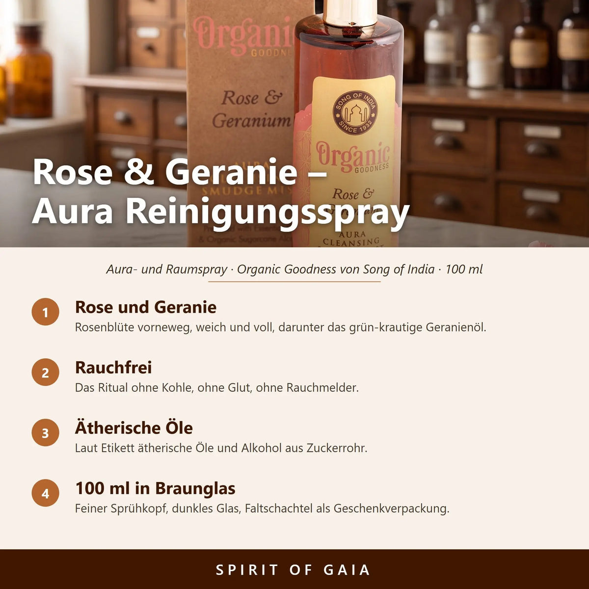 Übersicht zum Aura Reinigungsspray Rose und Geranie: Duft, rauchfreie Anwendung, ätherische Öle und Füllmenge 100 ml