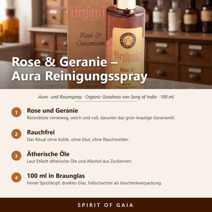 Übersicht zum Aura Reinigungsspray Rose und Geranie: Duft, rauchfreie Anwendung, ätherische Öle und Füllmenge 100 ml