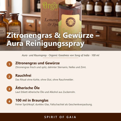 Übersicht zum Aura Reinigungsspray Zitronengras und Gewürze: Duft, rauchfreie Anwendung, ätherische Öle und Füllmenge 100 ml