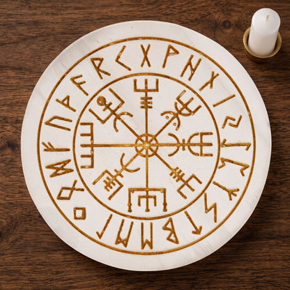 Vegvisir-Platte aus weißem Selenit mit goldbrauner Gravur und Runenring liegt auf dunklem Holz neben einer Kerze