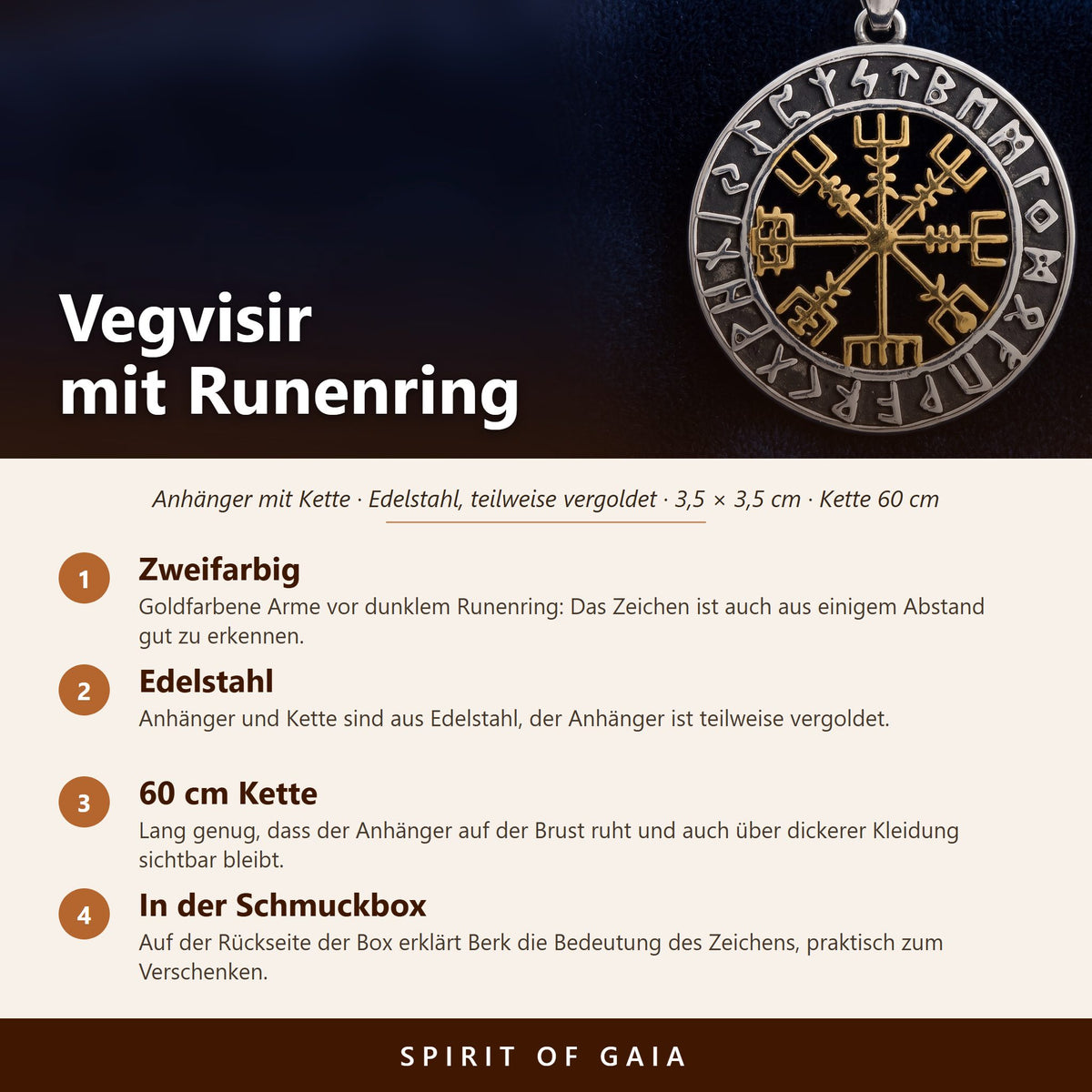 Übersicht zum Vegvisir Anhänger: Edelstahl teilweise vergoldet, 3,5 cm, Kette 60 cm, Runenring