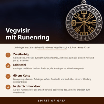 Übersicht zum Vegvisir Anhänger: Edelstahl teilweise vergoldet, 3,5 cm, Kette 60 cm, Runenring