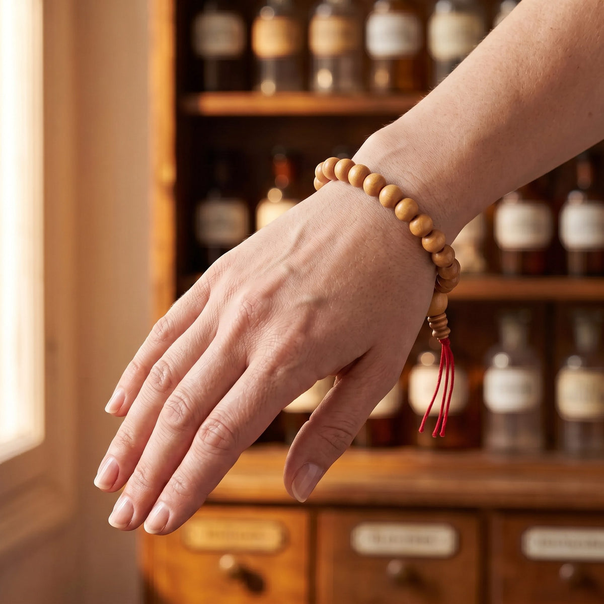 Das Power-Bracelet Sandelholz am Handgelenk, der rote Faden hängt an der Unterseite