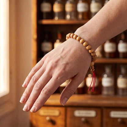 Das Power-Bracelet Sandelholz am Handgelenk, der rote Faden hängt an der Unterseite