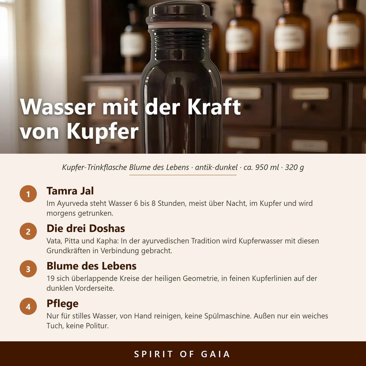 Infografik: Wasser mit der Kraft von Kupfer – Tamra-Jal-Ritual, Blume des Lebens und Pflege der antiken Kupferflasche