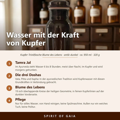 Infografik: Wasser mit der Kraft von Kupfer – Tamra-Jal-Ritual, Blume des Lebens und Pflege der antiken Kupferflasche