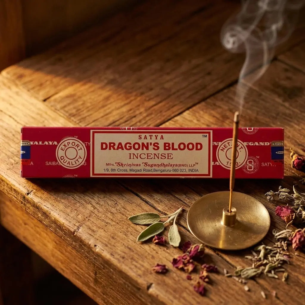 Satya Dragon's Blood Räucherstäbchen – mit Messing-Halter und Räucherrauch auf warmem Holz