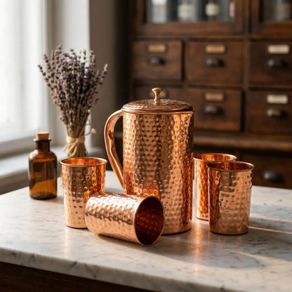 Kupfer-Krug-Set mit Lavendel und Apothekerfläschchen im Apotheker-Look