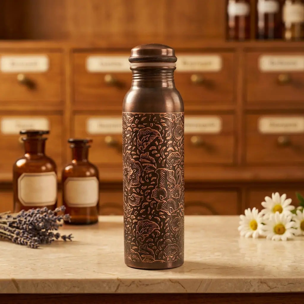 Kupfer-Trinkflasche Blumenmuster antik auf Marmortheke vor Apothekerschrank – Spirit of Gaia